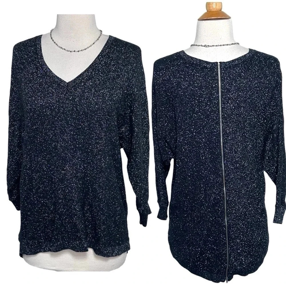 Express Sweater S Black Silver Metallic V-Neck Full Back Zip Dolman Sleeve